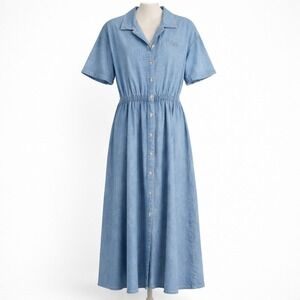 Vtg FADS Denim Jean Dress Button Midi Short Sleeve XL Western Cottagecore Indie